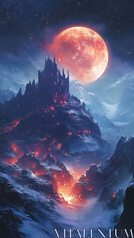 Volcanic fortress under large red moon in snowy range.