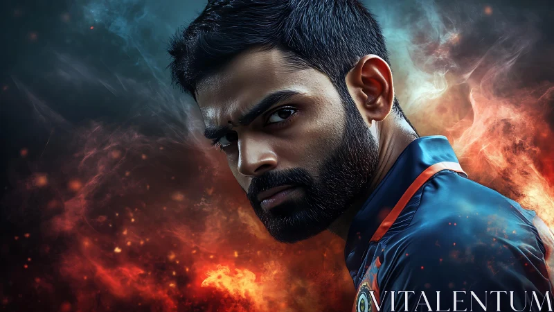 Fiery portrait of intense athlete in dramatic nebula light.