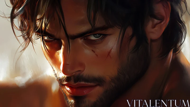 Intense close-up digital portrait of scarred bearded man.