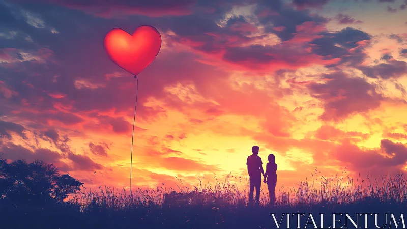 Couple Beneath Red Heart Balloon at Sunset