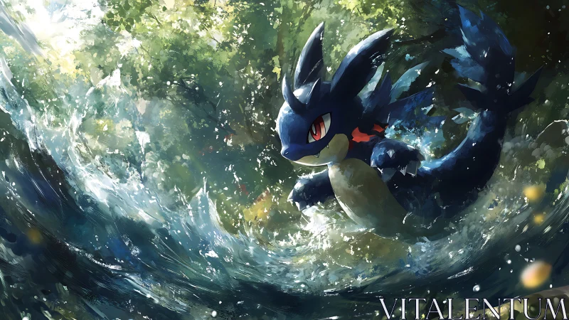 Aquatic dragon creature slicing through forest river surge.