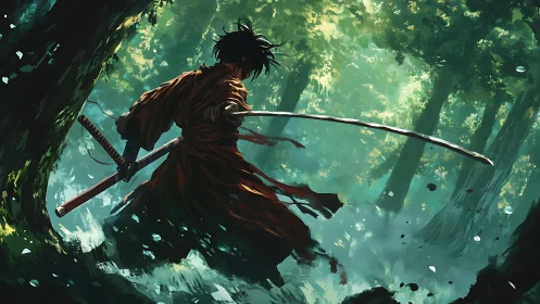 Kinetic samurai silhouette in volumetric forest light study.