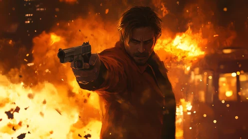 Male figure wielding handgun amid urban conflagration and ambient destruction