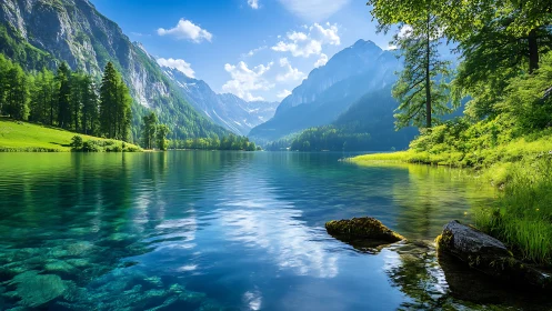 Mountain lake panorama with vivid greens and crystal reflections.