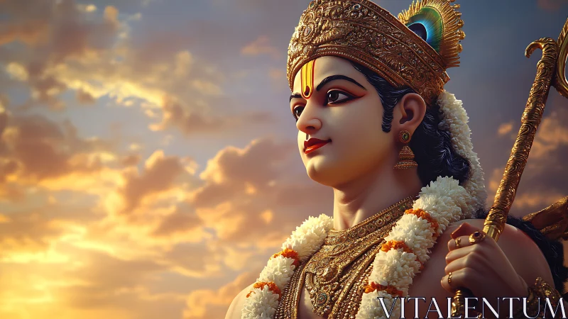 Hindu deity figure in ornate dress against sunset sky backdrop.