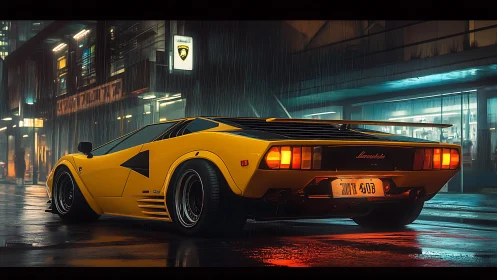 Yellow wedge-shaped sports car is parked on a wet city street