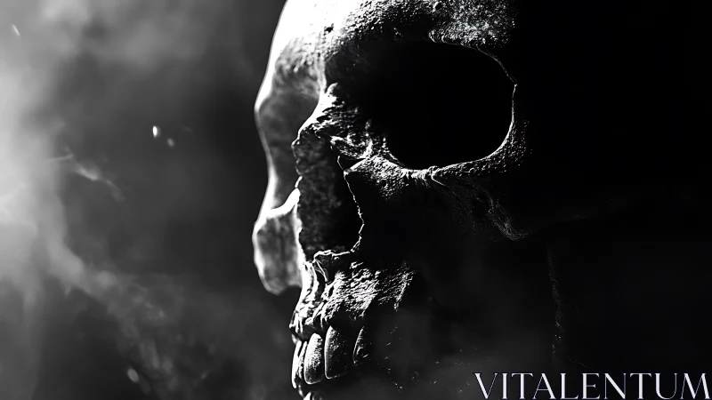 Side-lit human skull emerging from dense shadowed void.