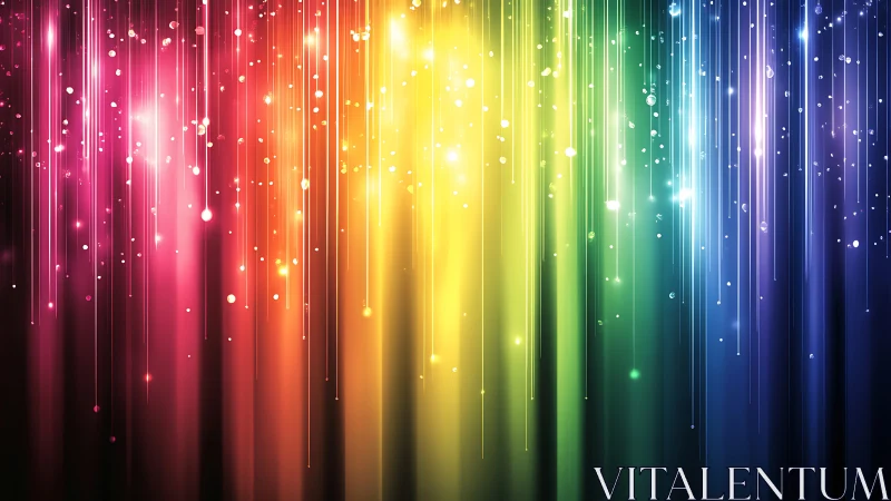 Vertical rainbow light streaks descend with glowing particles