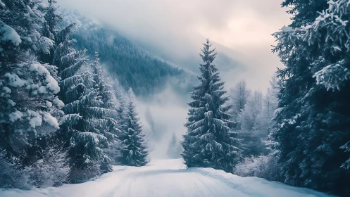 Snow-covered forest road extends into misty conifer valley