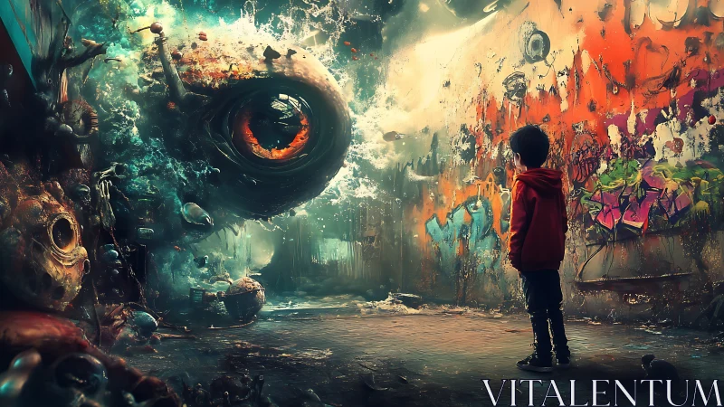 Child facing colossal organic eye in graffiti alley scene.