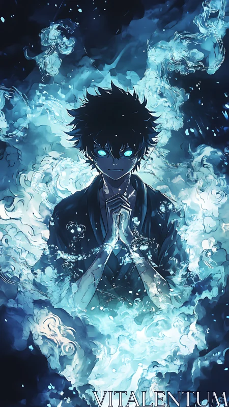 Blue-illuminated anime sorcerer channels turbulent ethereal water