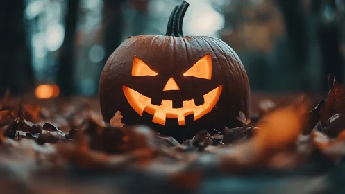 Jack-o-lantern grins wickedly through the twilight forest hush