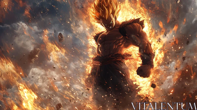 Dynamic anime warrior engulfed in explosive flame aura composition.