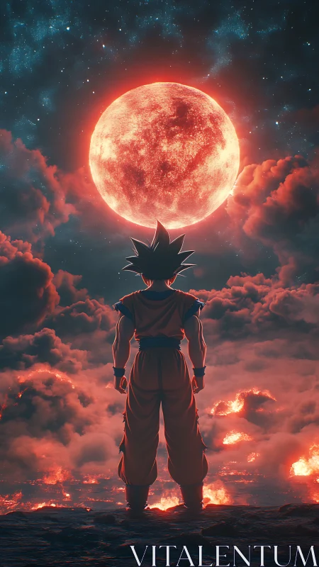 Celestial warrior confronts a burning lunar apocalypse sky.