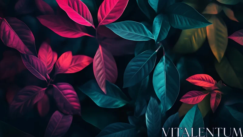 Color-shifted foliage with teal and magenta leaf clusters.