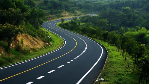 Curving asphalt roadway through dense green hillside landscape.