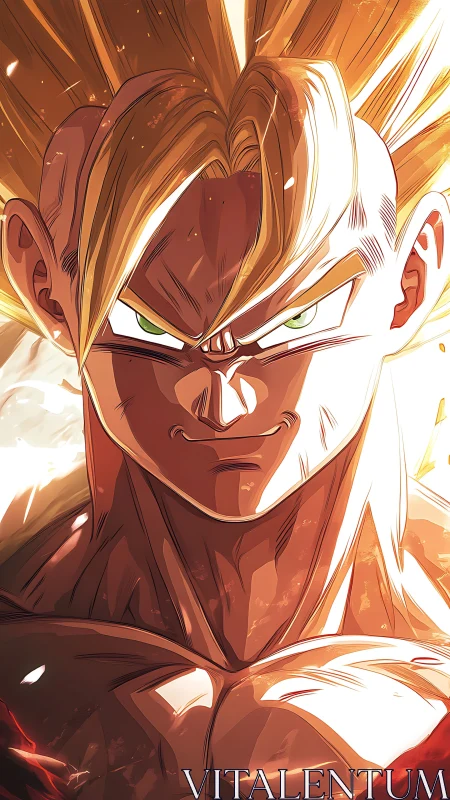 Intense anime warrior with glowing golden hair and aura.