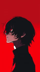 High contrast anime profile shows red-eyed figure on flat red field