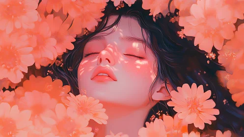 Dreaming beneath coral blossoms, soft-faced springlight girl.