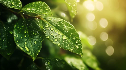 Macro close-up of wet green leaves under warm backlit bokeh