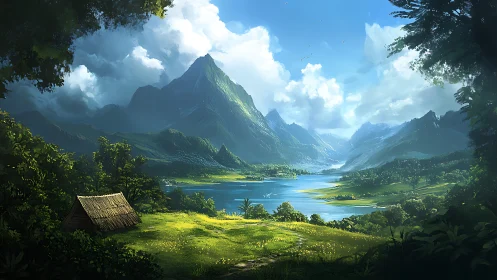 Expansive alpine valley rendered with high-contrast atmospheric depth