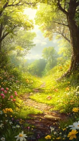 Luminous Forest Corridor with Dappled Sunlight and Floral Undergrowth.