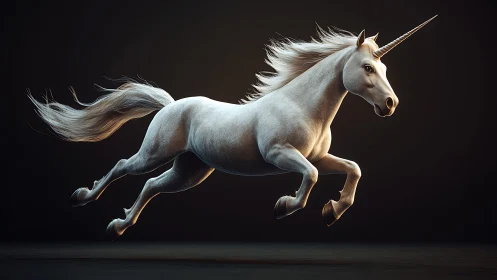 Rendered white unicorn is depicted mid-leap in profile