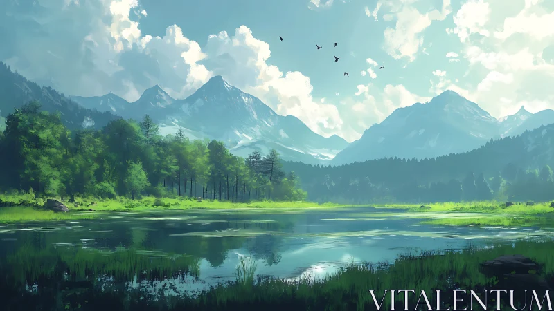 Emerald lake dreaming beneath cloud-tossed mountain giants.