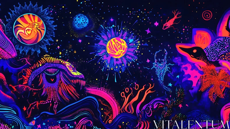 Neon cosmic fauna orbit bioluminescent sun in psychedelic space