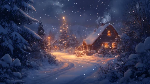 Snow-covered cabin and illuminated trees during evening snowfall