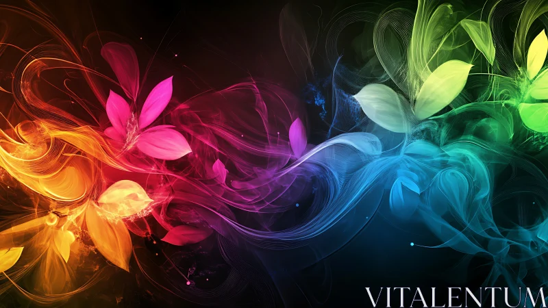 Flowing rainbow petals drift through glowing night color.