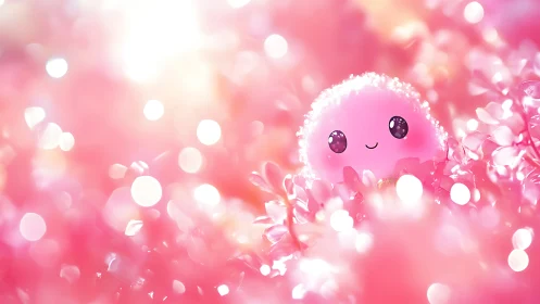 Pink spherical character is centered amid defocused highlights