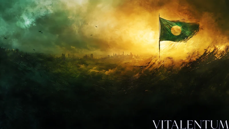 Green flag with circular emblem stands over hazy landscape