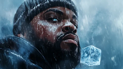 Male figure in icy storm with suspended ice cube.