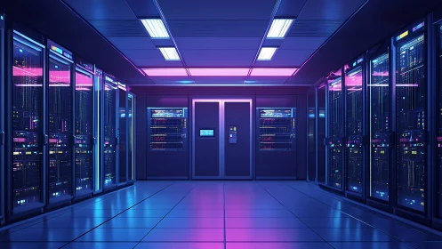 Neon-lit data center corridor glows with futuristic servers.