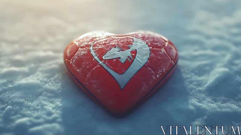 Red heart with frost patterns lies on winter snow.