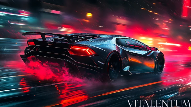 Midnight supercar sprint through neon rain-soaked streets.