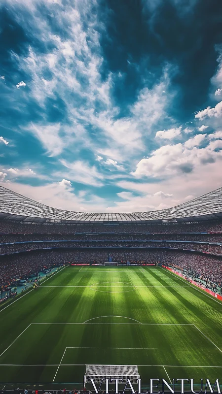 Crowded football stadium under dramatic blue sky at match