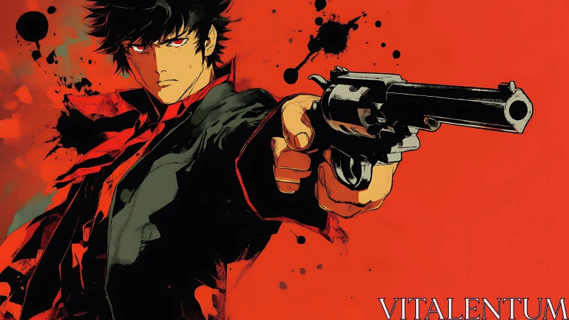 Male anime figure aims revolver against flat red backdrop