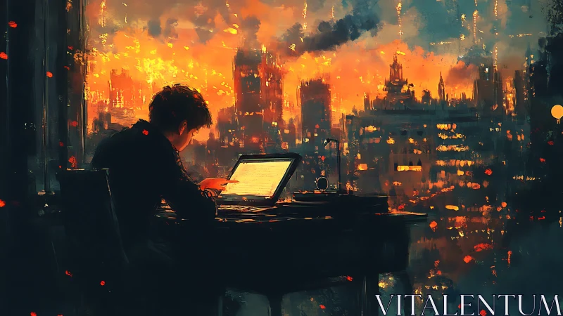Focused writer at desk before burning city skyline.