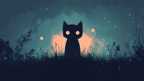 Soft night watcher kitty glowing in a dreamy meadow.