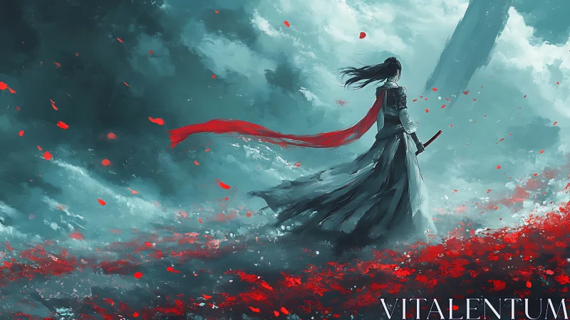 Stormfront samurai in cyan mist and high-velocity petals.