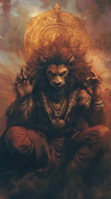 Lion-headed deity sits in fiery haze of divine power