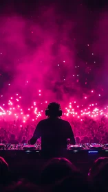 Silhouetted DJ commands a neon pink crowd under festival lights