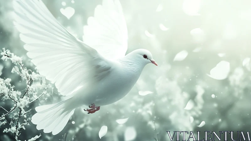 White Dove in Flight with Floral Elements and Bokeh Background