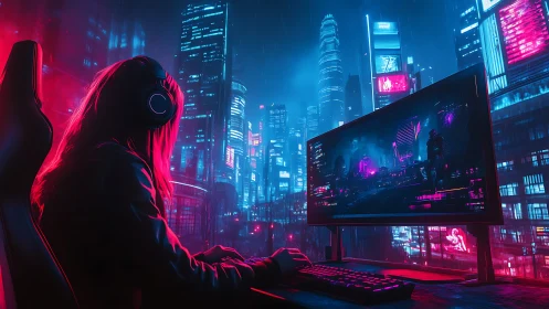 Neon-lit gamer immersed in futuristic cyberpunk skyline.
