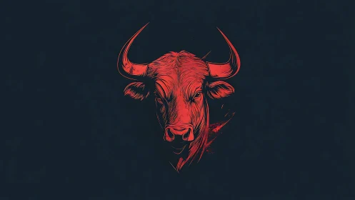 Digital painting of a red bull head on dark minimal field.