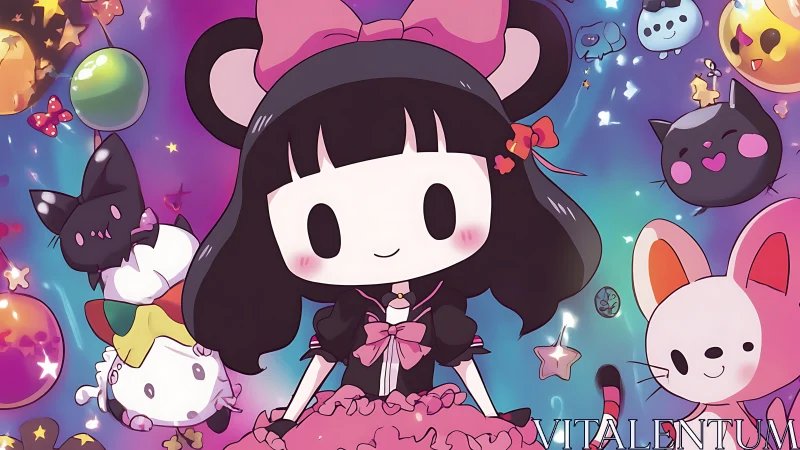 Kawaii anime girl in pastel fantasy space with floating mascots