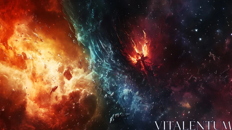 Bifurcated cosmic nebula collides around fiery winged entity