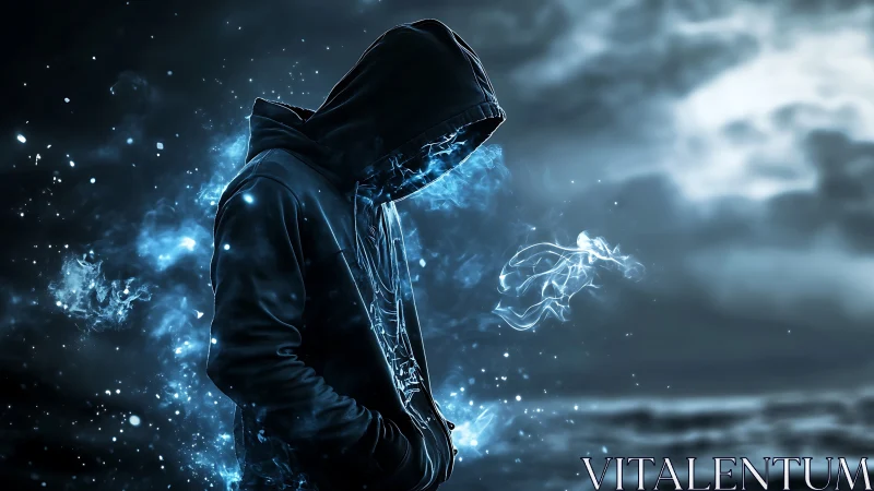 Hooded figure dissolves into electric blue spectral energy.